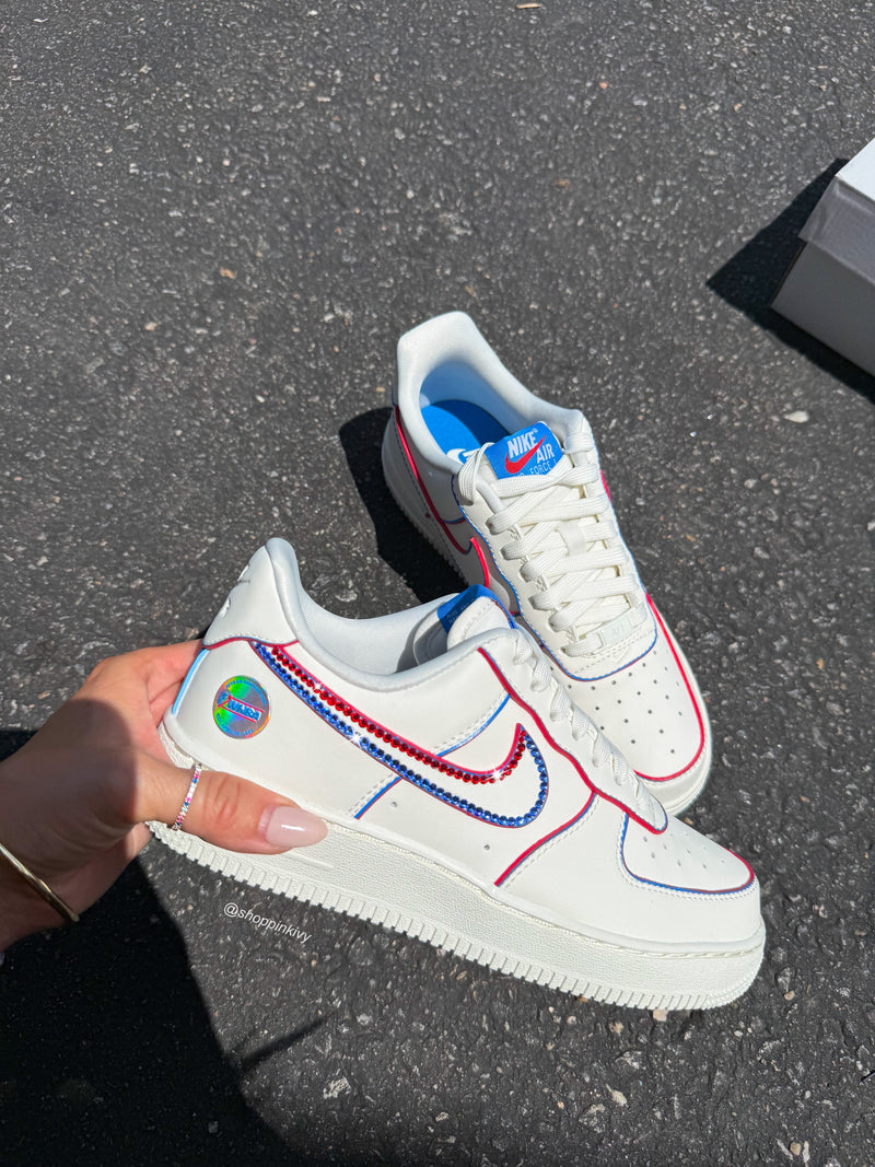 Hand Painted Custom Air Force 1 with Red Blue Rhinestones