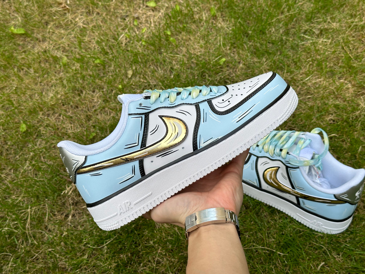 Custom Air Force 1 Blue Gold Cartoon Lines