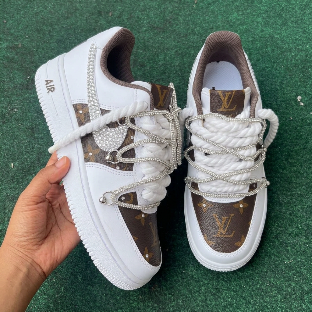 Hand Painted Custom Air Force 1 Classic Brown Monogram Rhinestones