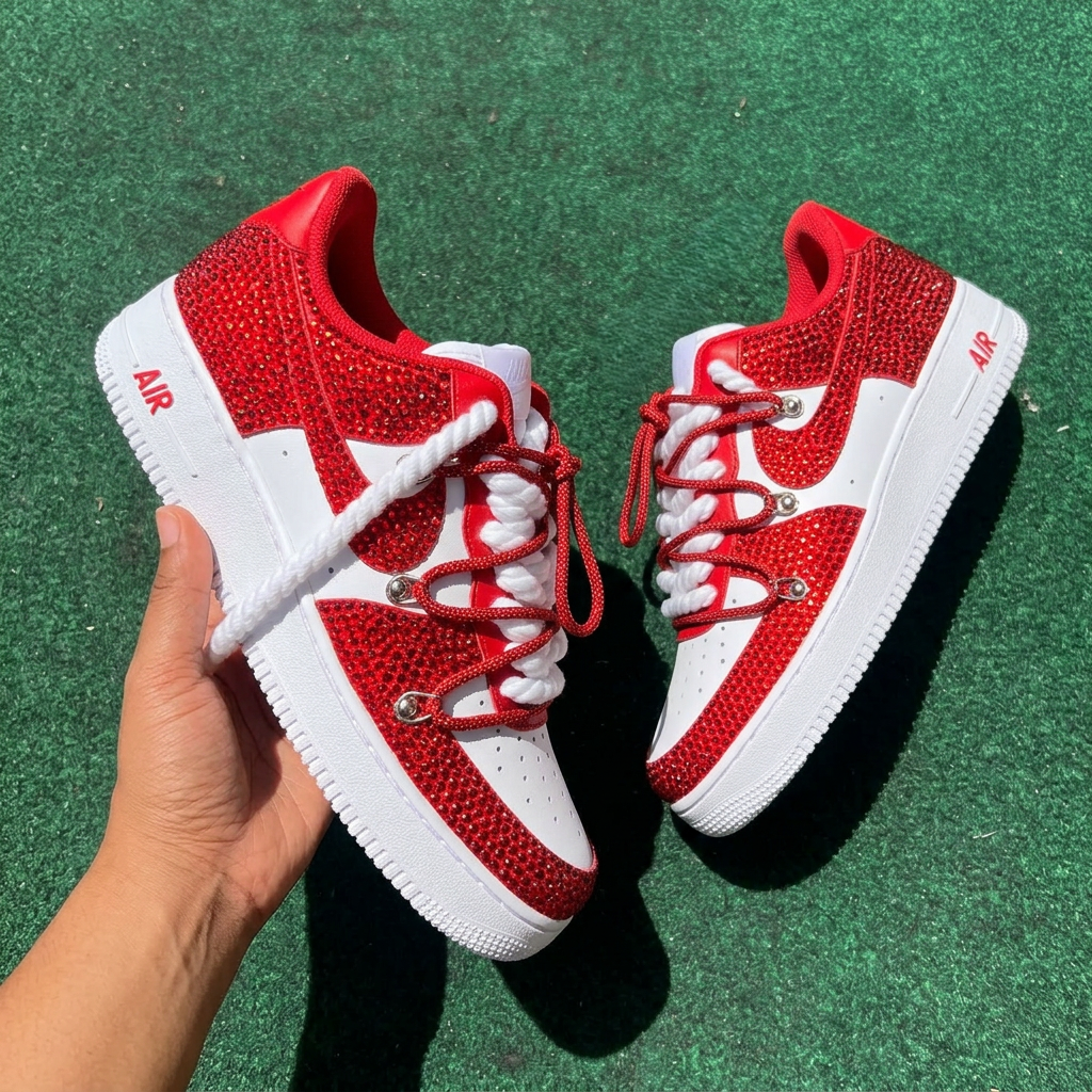 Red white rhinestone custom Air Force 1 sneakers with crystal bling details