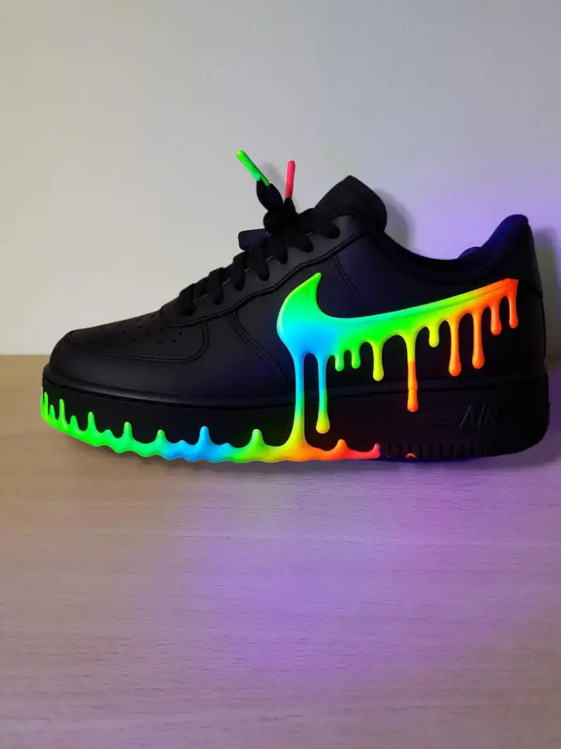 3D Dripping Paint Design Handmade Custom Air Force 1 Custom Sneakers, Glow In Dark Multi-color Available Personalized Trendy Streetwear Casual Shoes