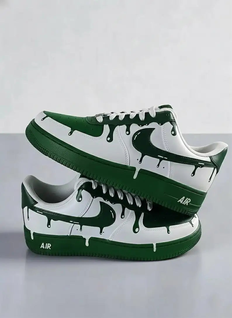 Hand Painted Green Drip Effect White Custom Air Force 1 Custom Sneakers Unisex Trendy Streetwear Casual Customized Shoes
