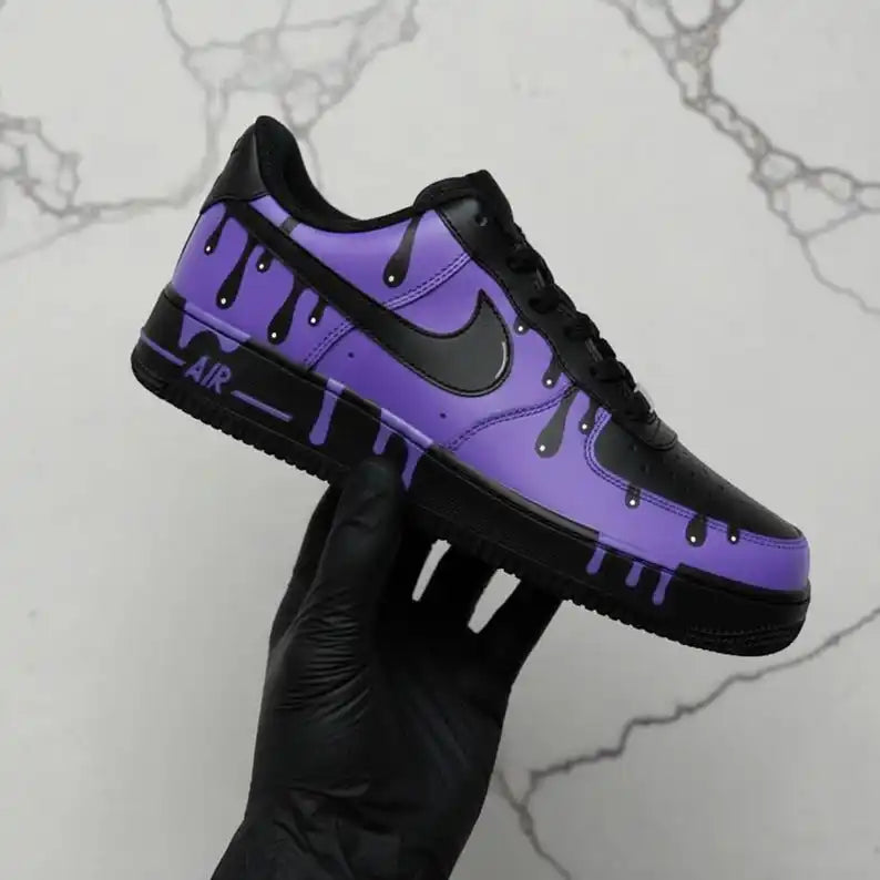 Purple Black Drip Effect Hand Painted Custom Air Force 1 Custom Sneakers Unisex Trendy Streetwear Unique Customized Casual Athletic Shoes