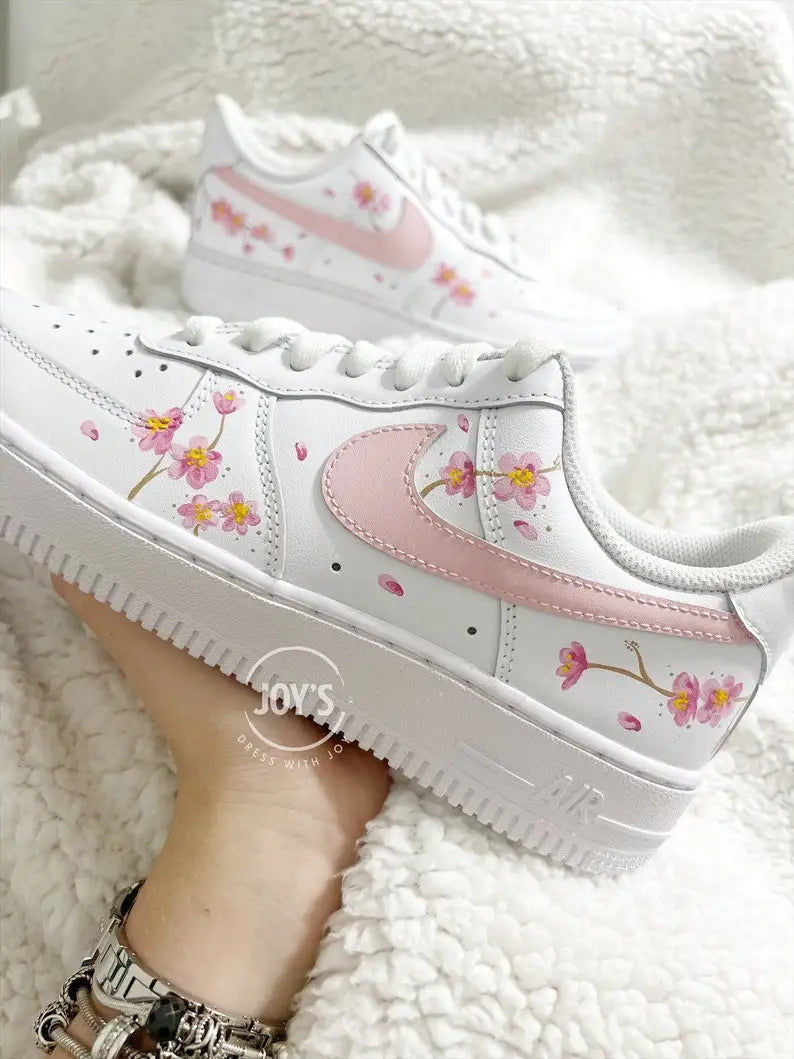 Hand Painted Pink Cherry Blossom Custom Air Force 1, Aesthetic Floral Soft Pink Custom Sneakers with Optional Interchangeable Shoelaces