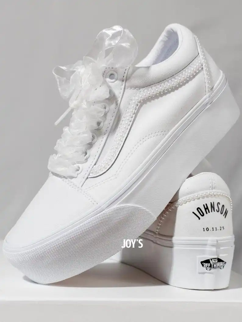 Custom Air Force 1 White Platform Pearl Embellished Bridal Wedding Shoes, Personalized Name & Wedding Date Organza Lace Up Custom Sneakers for Bride