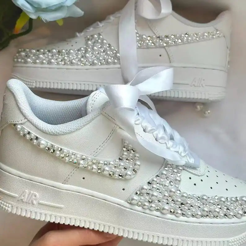 Personalized Name & Date Pearl Rhinestone Embellished Wedding Bridal Custom Air Force 1, White Satin Bow Lace Comfortable Non-slip Bridal Custom Sneakers