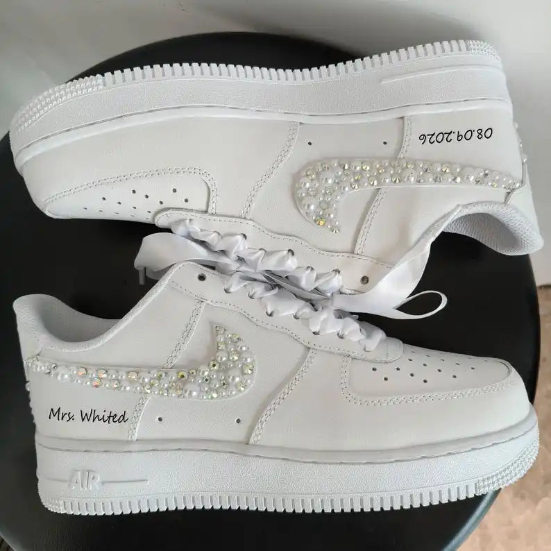 Personalized Bridal Pearl & Rhinestone Embellished Custom Air Force 1, White Satin Lace Custom Name Date Wedding Custom Sneakers for Bride