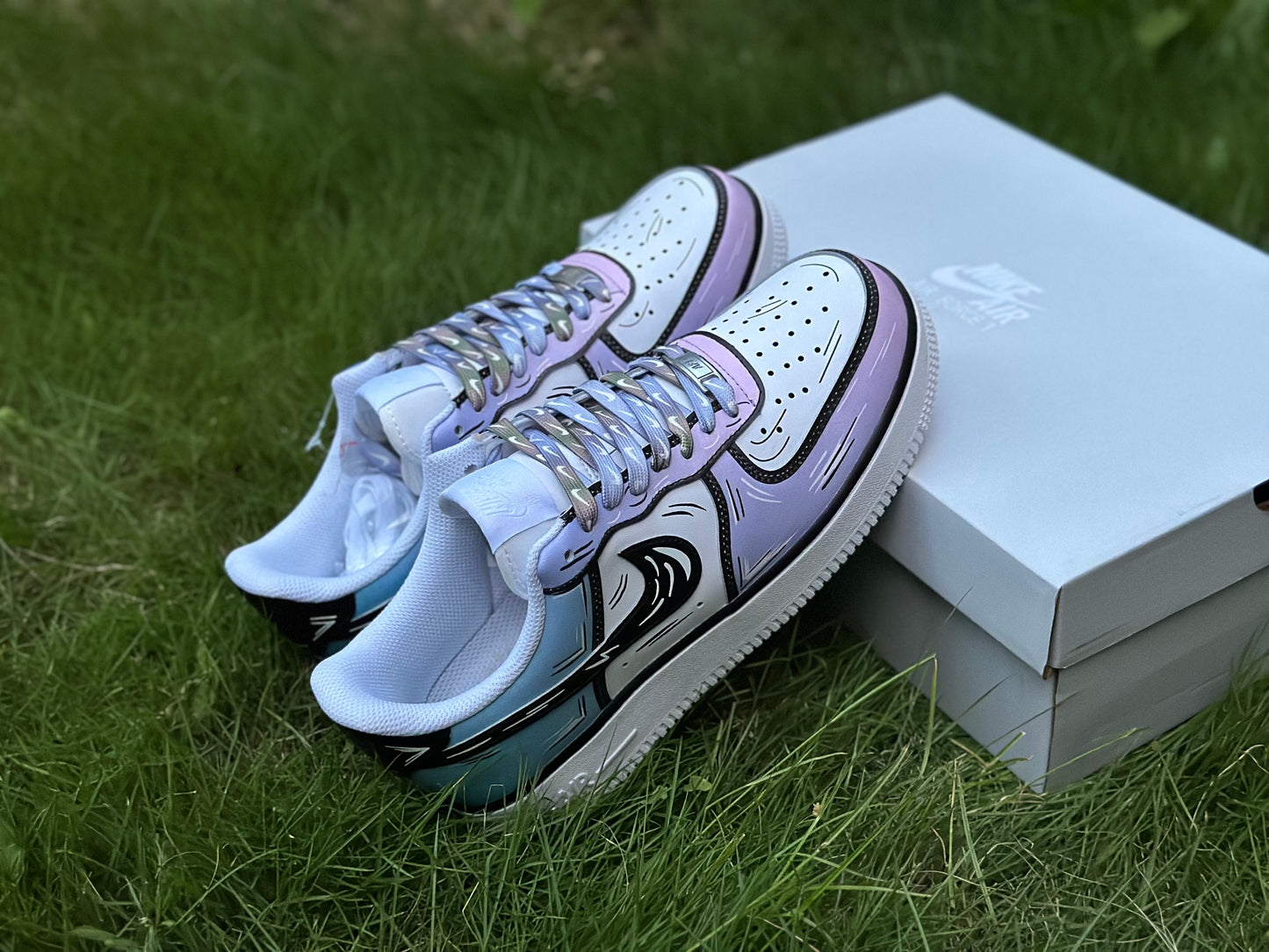 Custom Air Force 1 Blue Purple Gradient Cartoon Lines