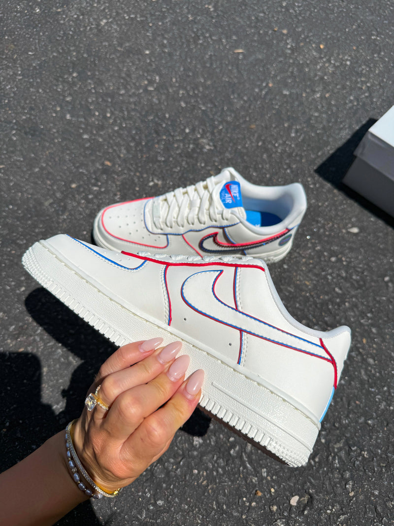 Hand Painted Custom Air Force 1 Red Blue Outline Sneakers