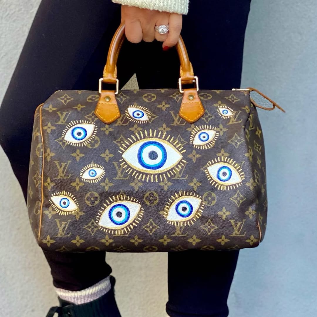 Custom Hand Painted Evil Eye Pattern Top Handle Handbag