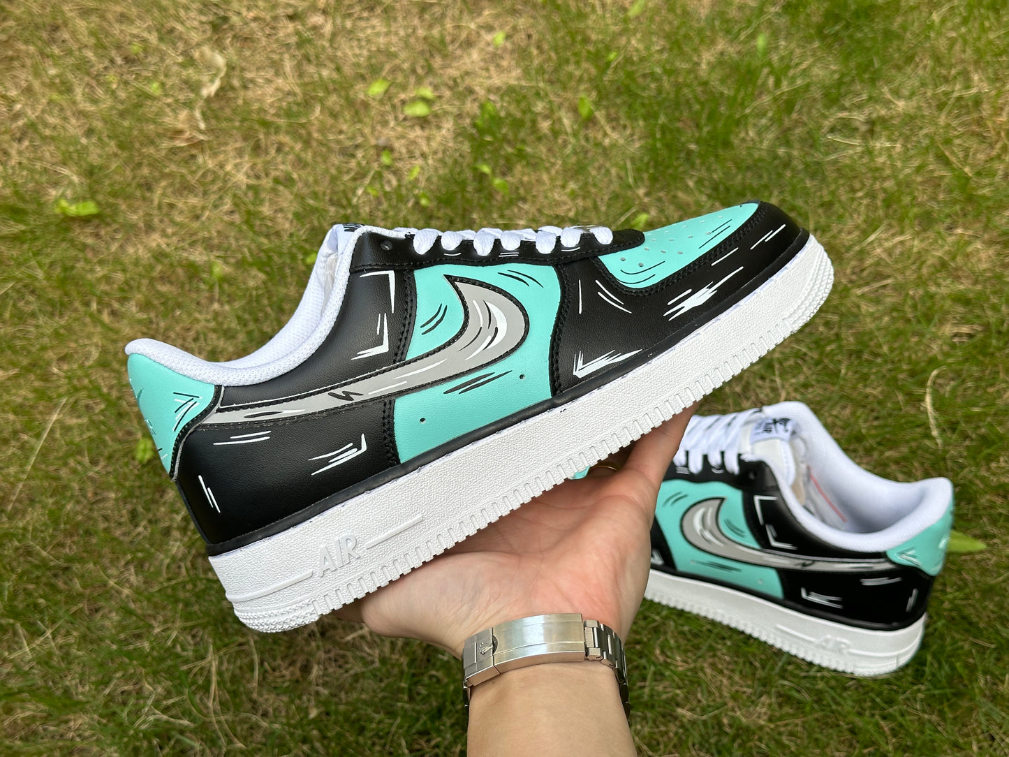 Custom Air Force 1 Teal Blue Black Cartoon Lines