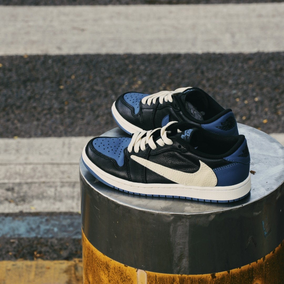 Beige Navy Blue Custom Sneakers Air Jordan 1 Travis Scott