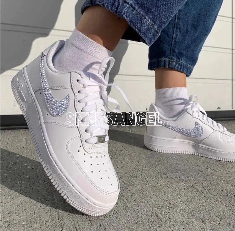 Handmade Bling Rhinestone Crystal Embellished White Custom Air Force 1, Sparkly Bridal Wedding Daily Wear Women's Custom Sneakers