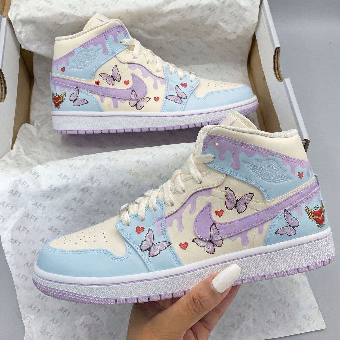 Baby Blue and Lavender Butterflies and Hearts Custom AJ 1s Shoes