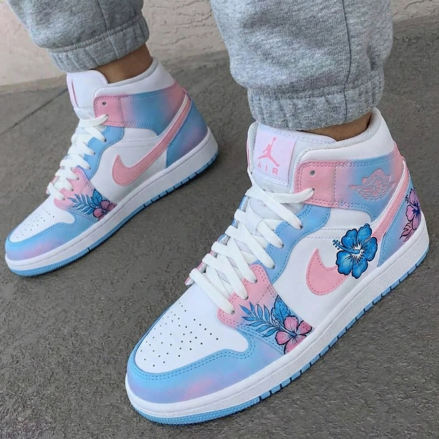 Baby Blue Baby Pink Purple Flowers Custom AJ 1s Shoes