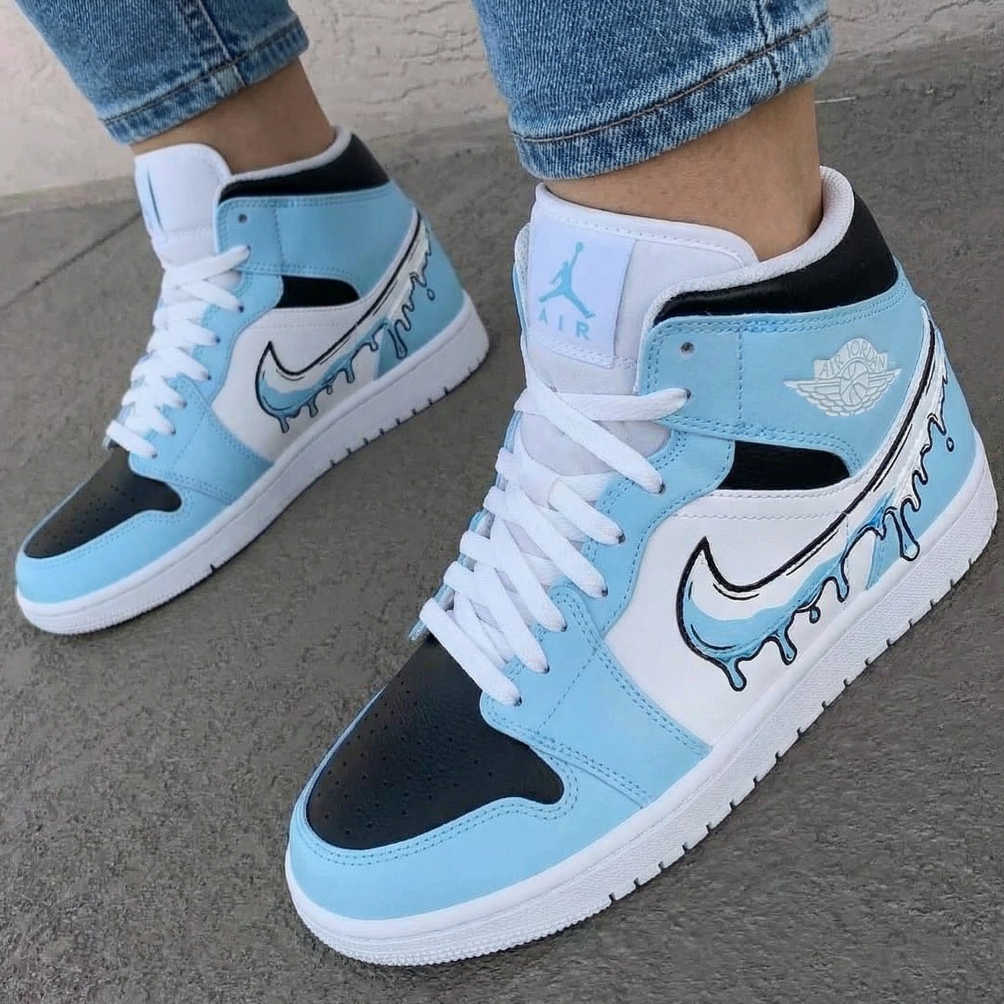 Baby Blue Black Drip Design Custom AJ 1s Shoes