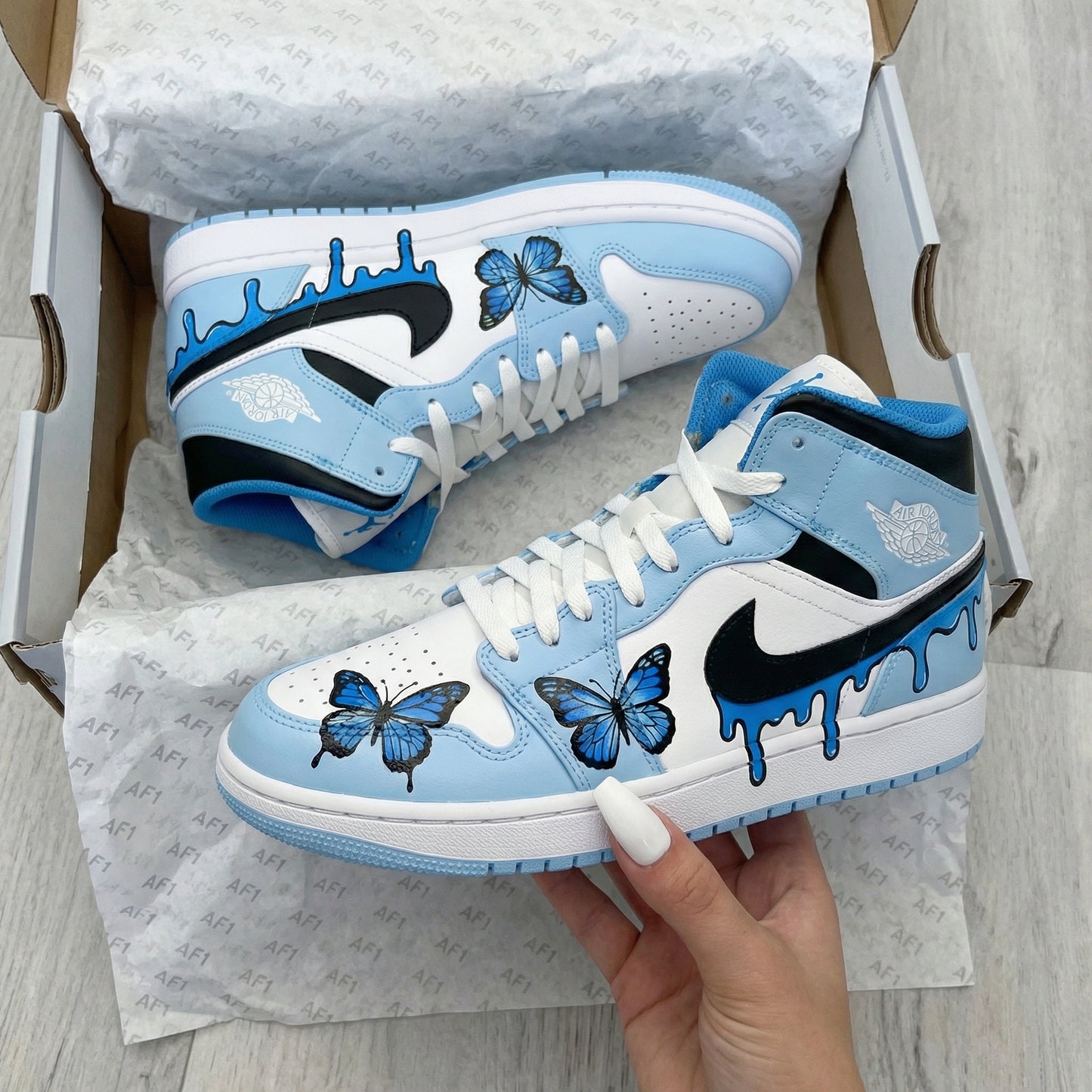 Baby Blue Butterfly Drip Custom AJ 1s Shoes
