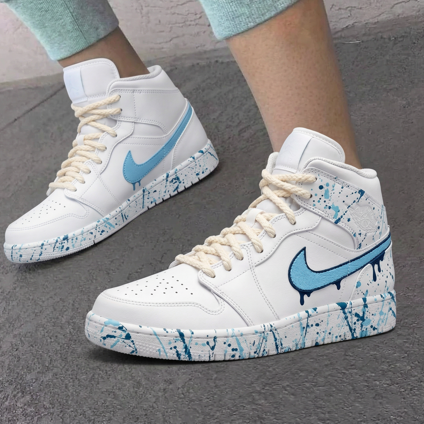 Baby Blue Dark Blue Paint Splatter Drip Custom AJ 1s Shoes