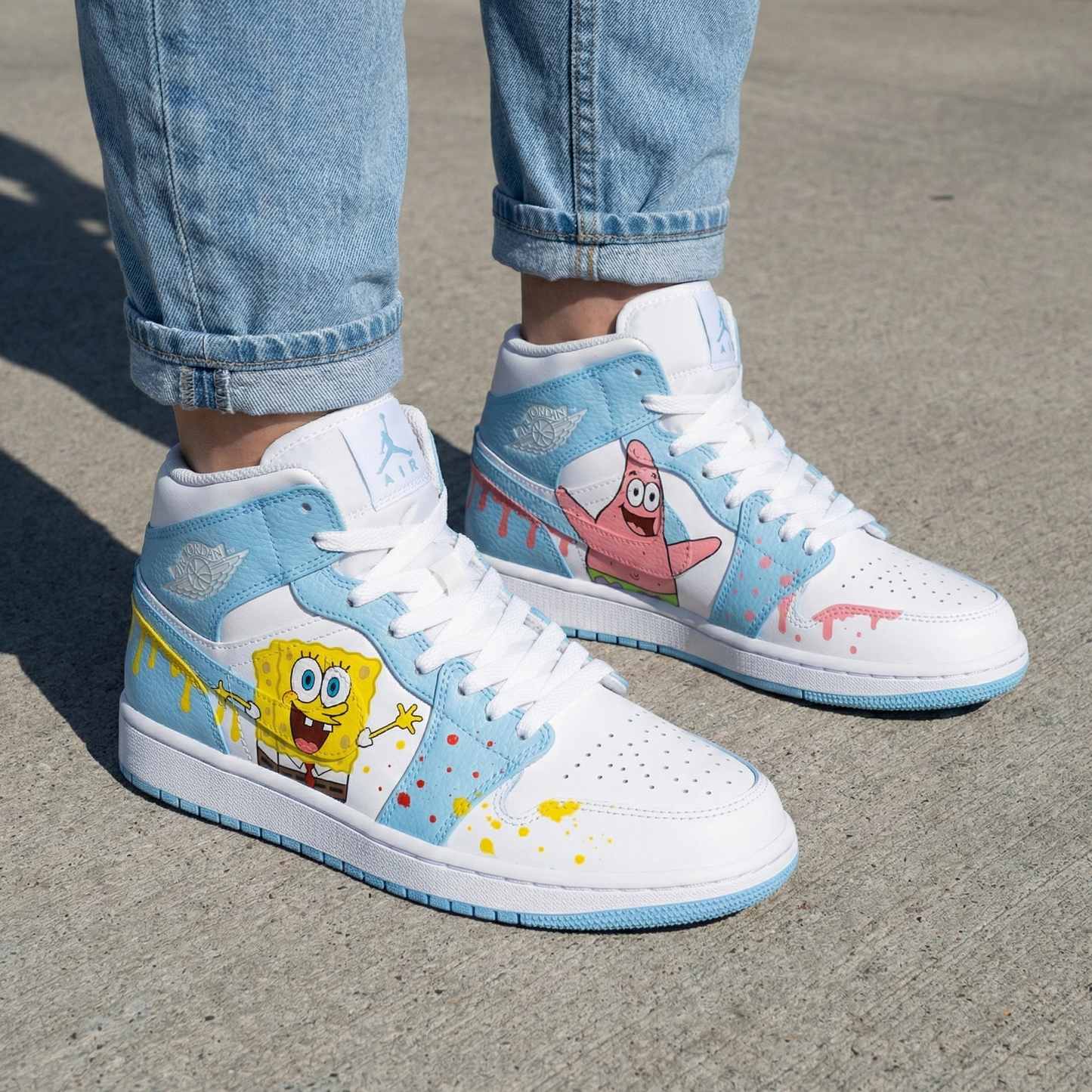 Baby Blue Pink Yellow Spongebob Patrick Cartoon Drip Custom AJ 1s Shoes