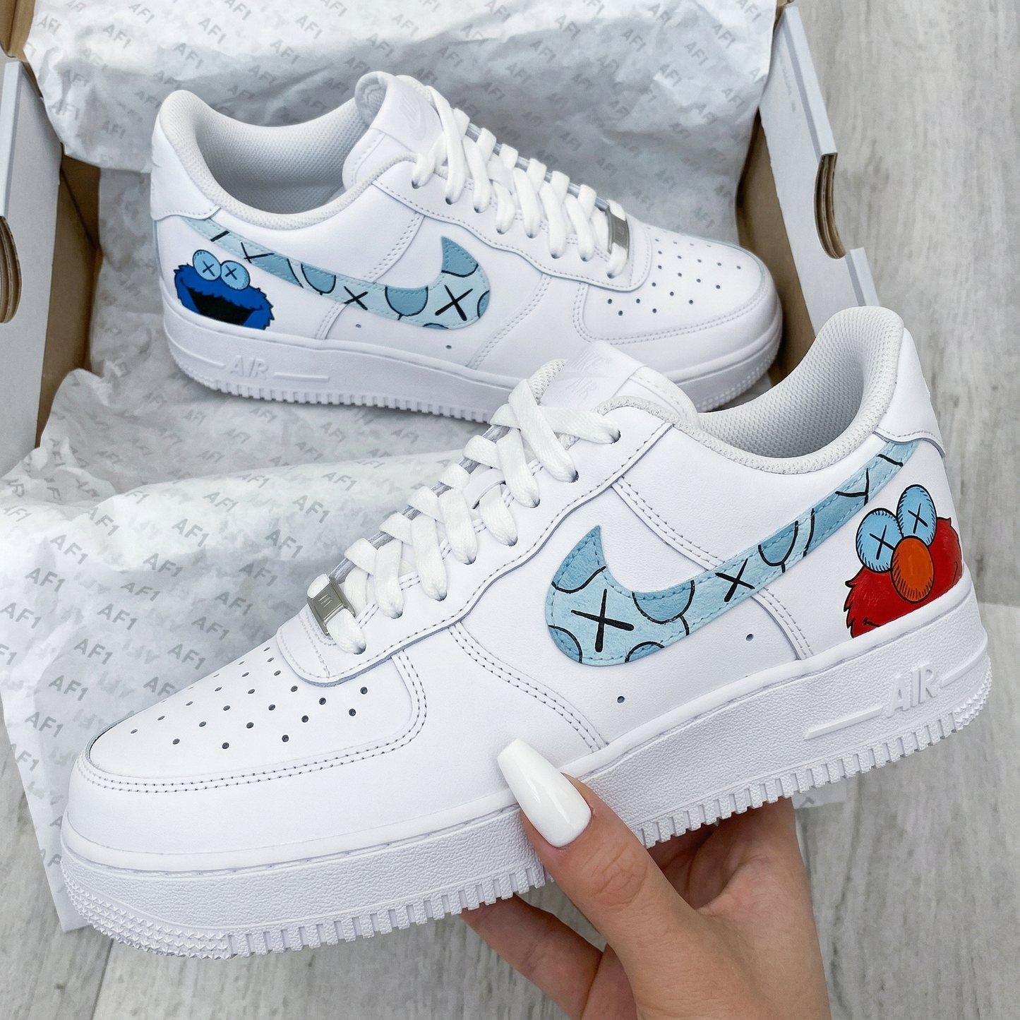 Baby Blue Red KAWS Sesame Street Cartoon Custom AF 1s Shoes