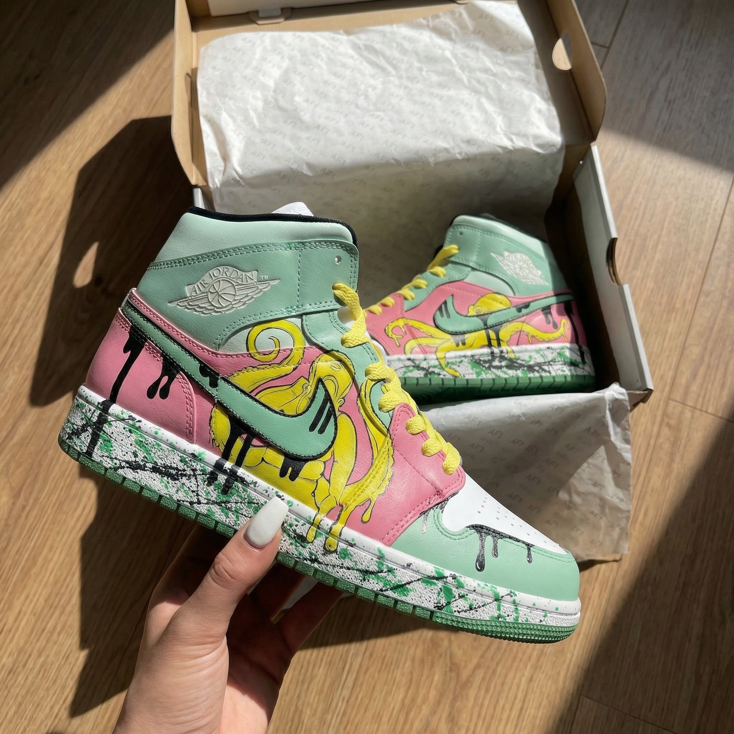 Baby Green Pink Graffiti Custom AJ 1s Shoes