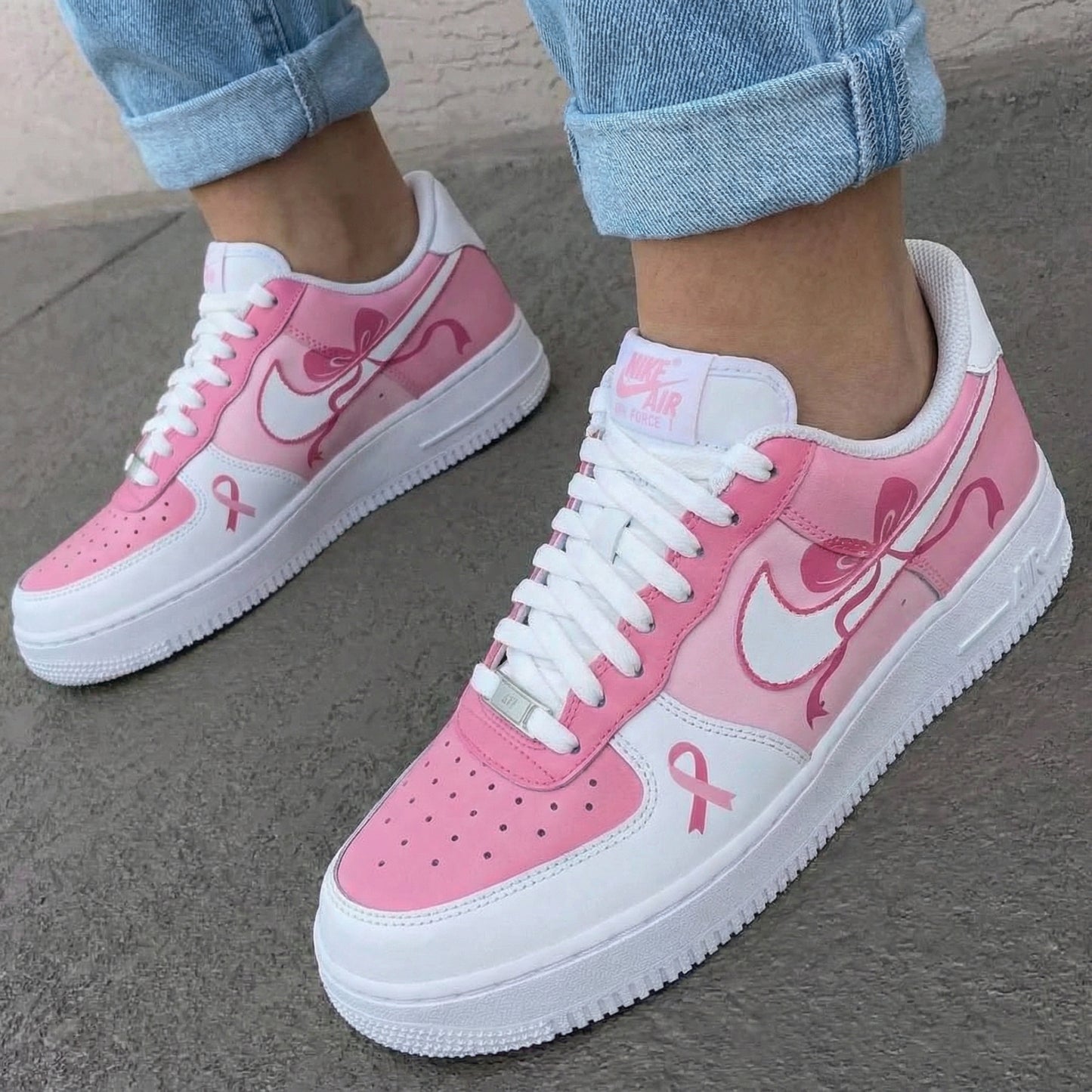Baby Pink And White Bows And Pink Ribbons Custom AF 1s Shoes