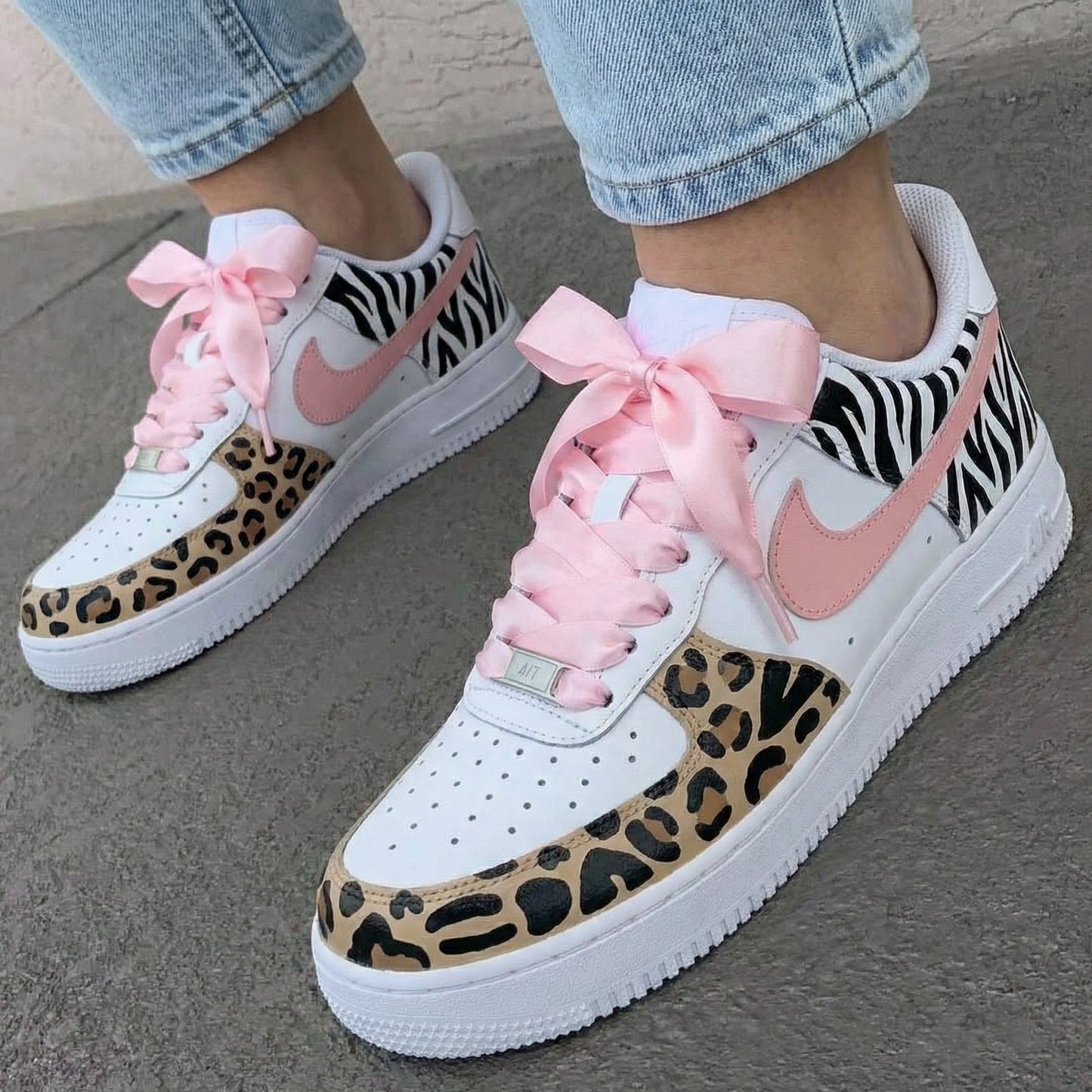 Baby Pink Leopard Zebra Print Pink Ribbon Laces Custom AF 1s Shoes