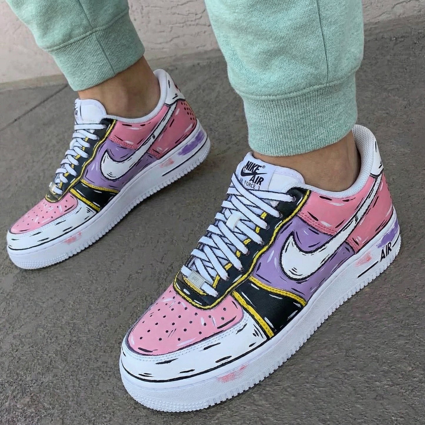 Baby Pink Purple Black Cartoon Style Custom AF 1s Shoes