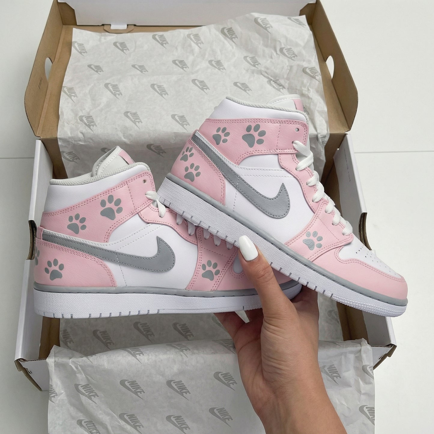 Baby Pink White Paw Print Custom AJ 1s Shoes
