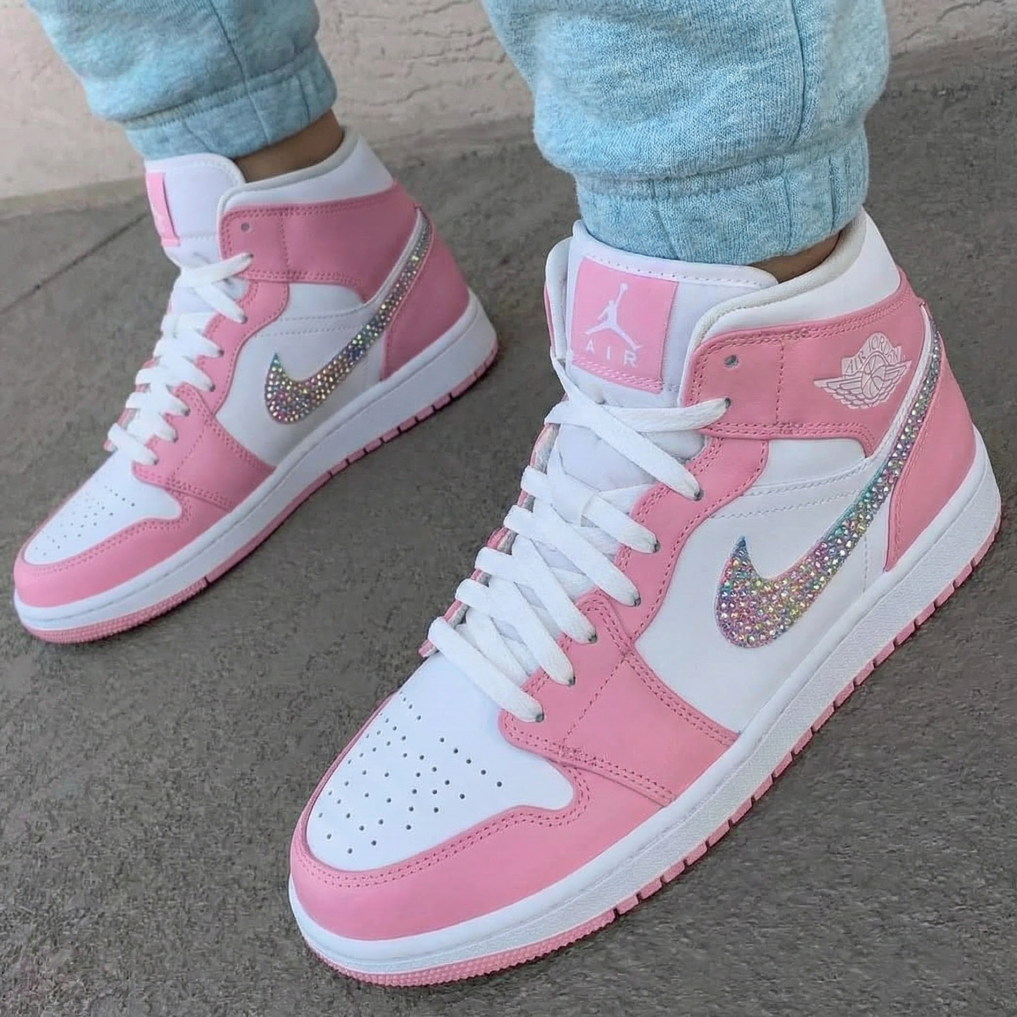 Baby Pink White Rhinestone Custom AJ 1s Shoes