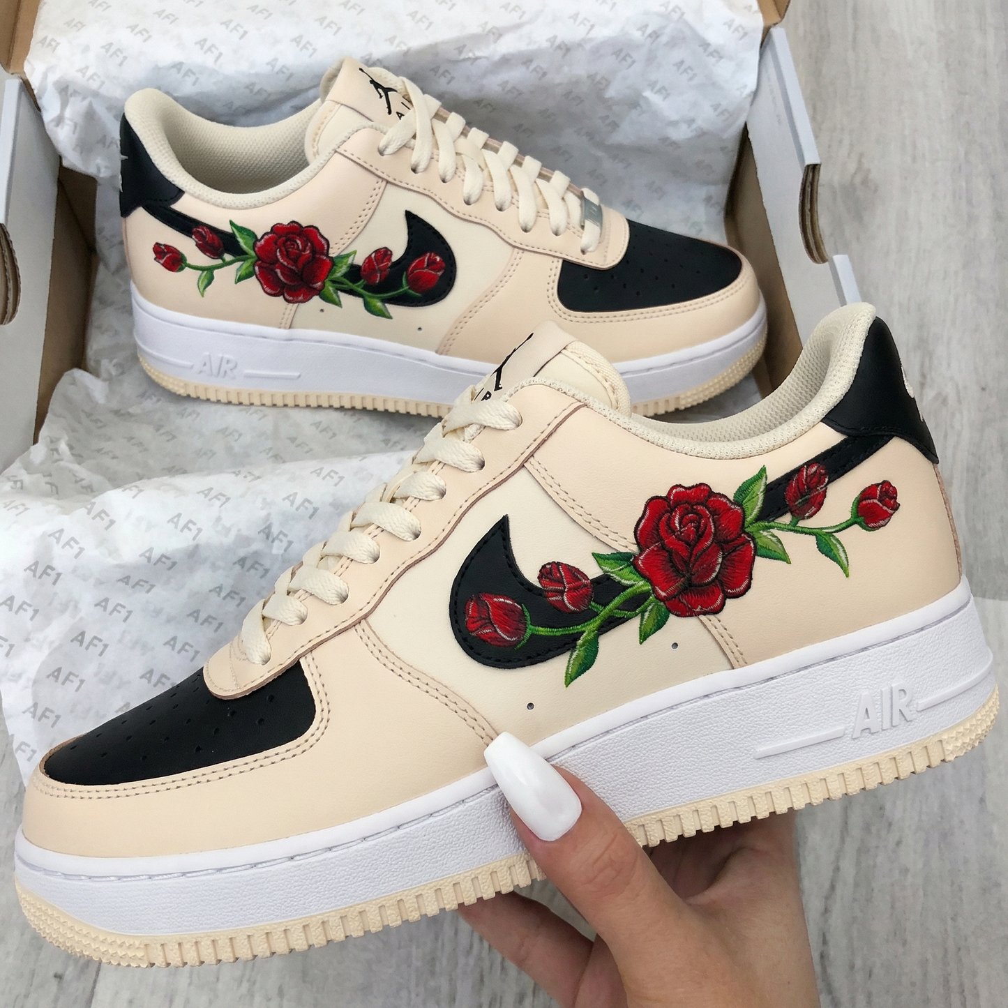 Beige Black Rose Custom AF 1s Shoes