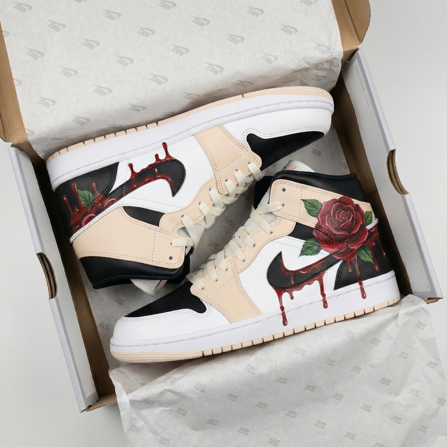 Beige Black Rose Custom AJ 1s Shoes