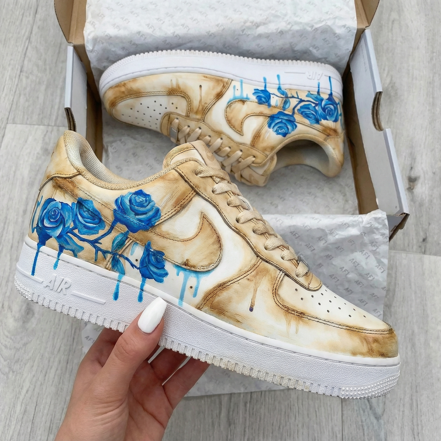 Beige Blue Roses Custom AF 1s Shoes