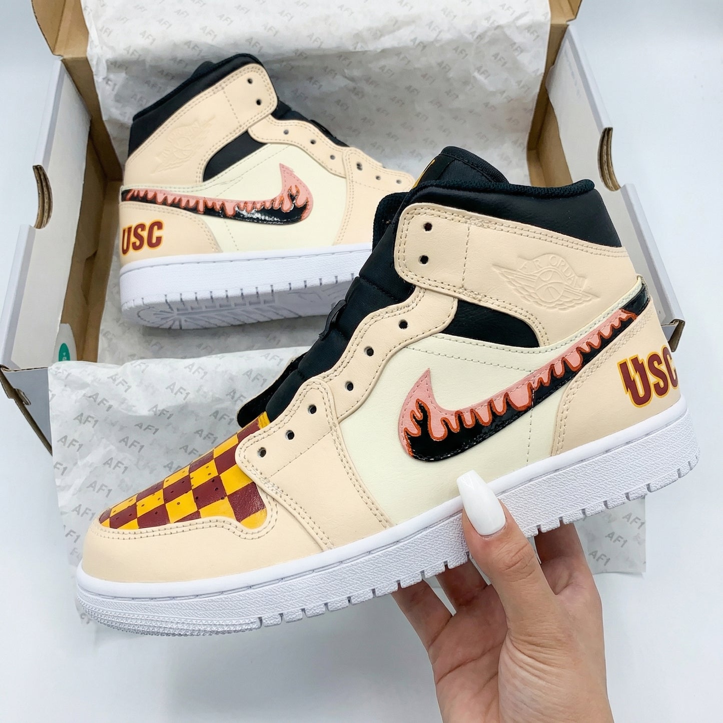 Beige Checkerboard Flame Custom AJ 1s Shoes
