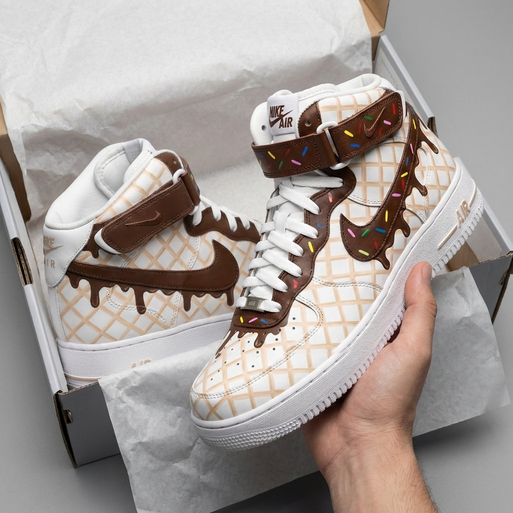 Beige Chocolate Ice Cream Waffle Drip Colorful Sprinkles Custom AF 1s Shoes