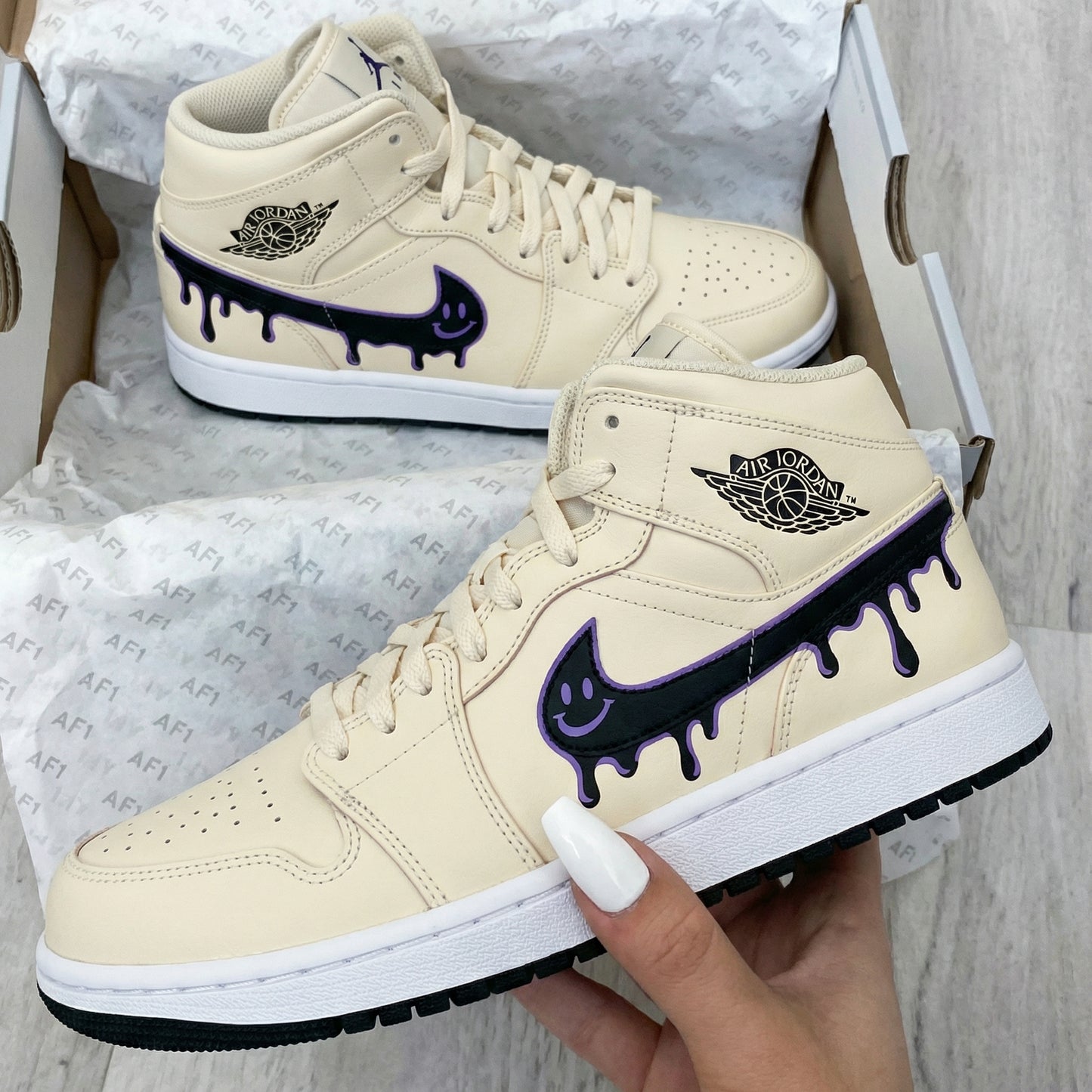 Beige Dripping Smiley Face Custom AJ 1s Shoes