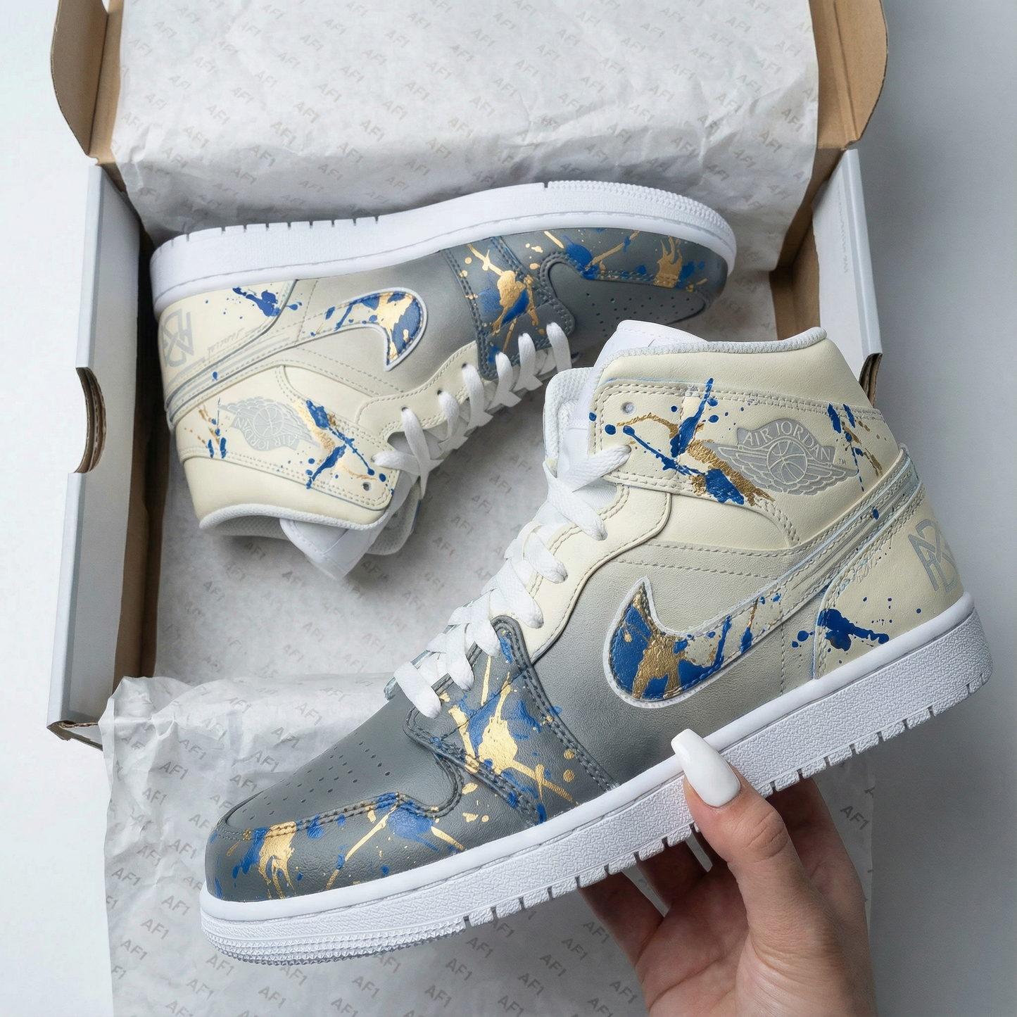 Beige Grey Splatter Custom AJ 1s Shoes