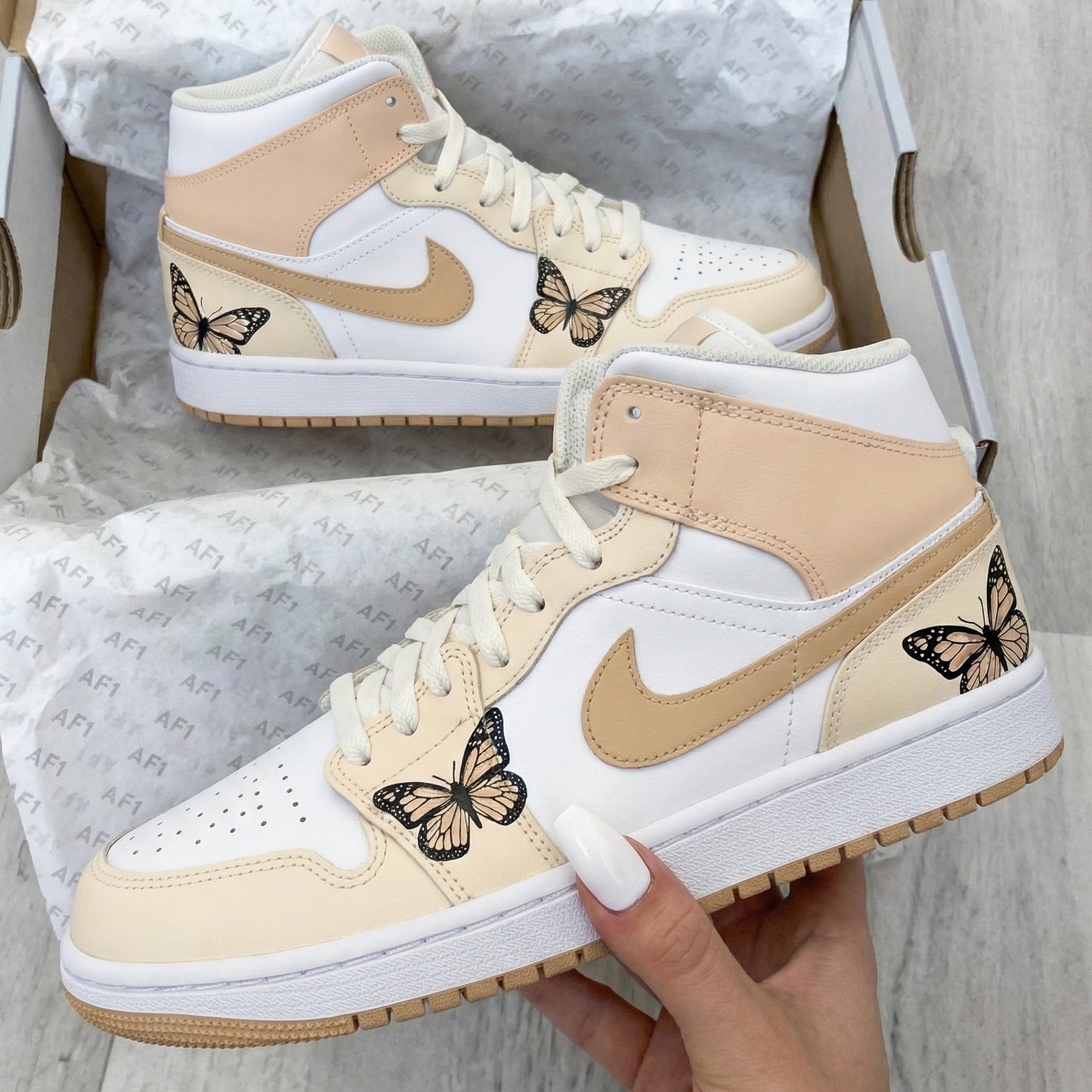 Beige White Butterflies Custom AJ 1s Shoes