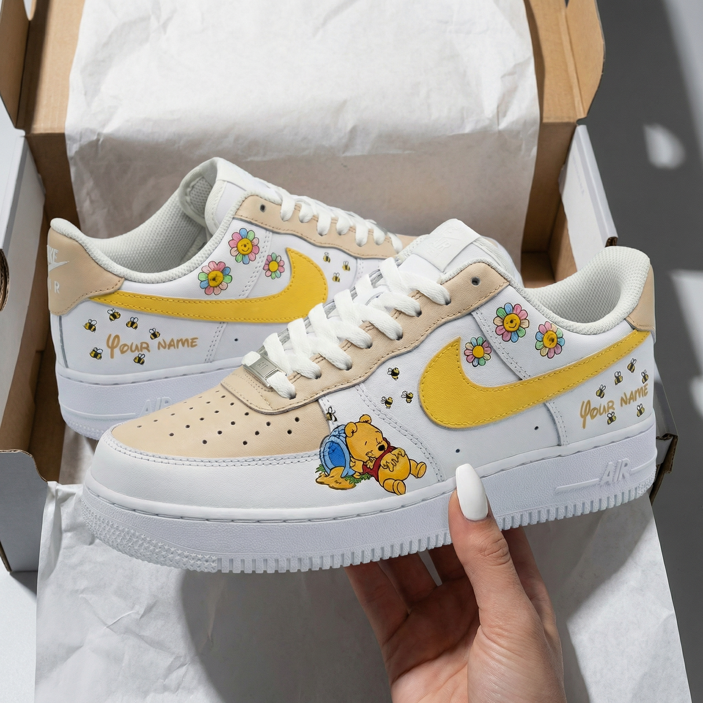 Beige Yellow Winnie - the - Pooh Custom AF 1s Shoes