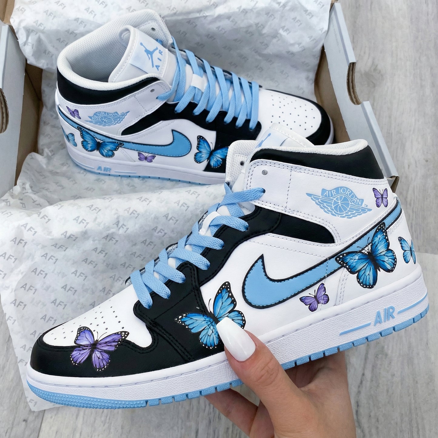 Black Baby Blue Butterflies Custom AJ 1s Shoes
