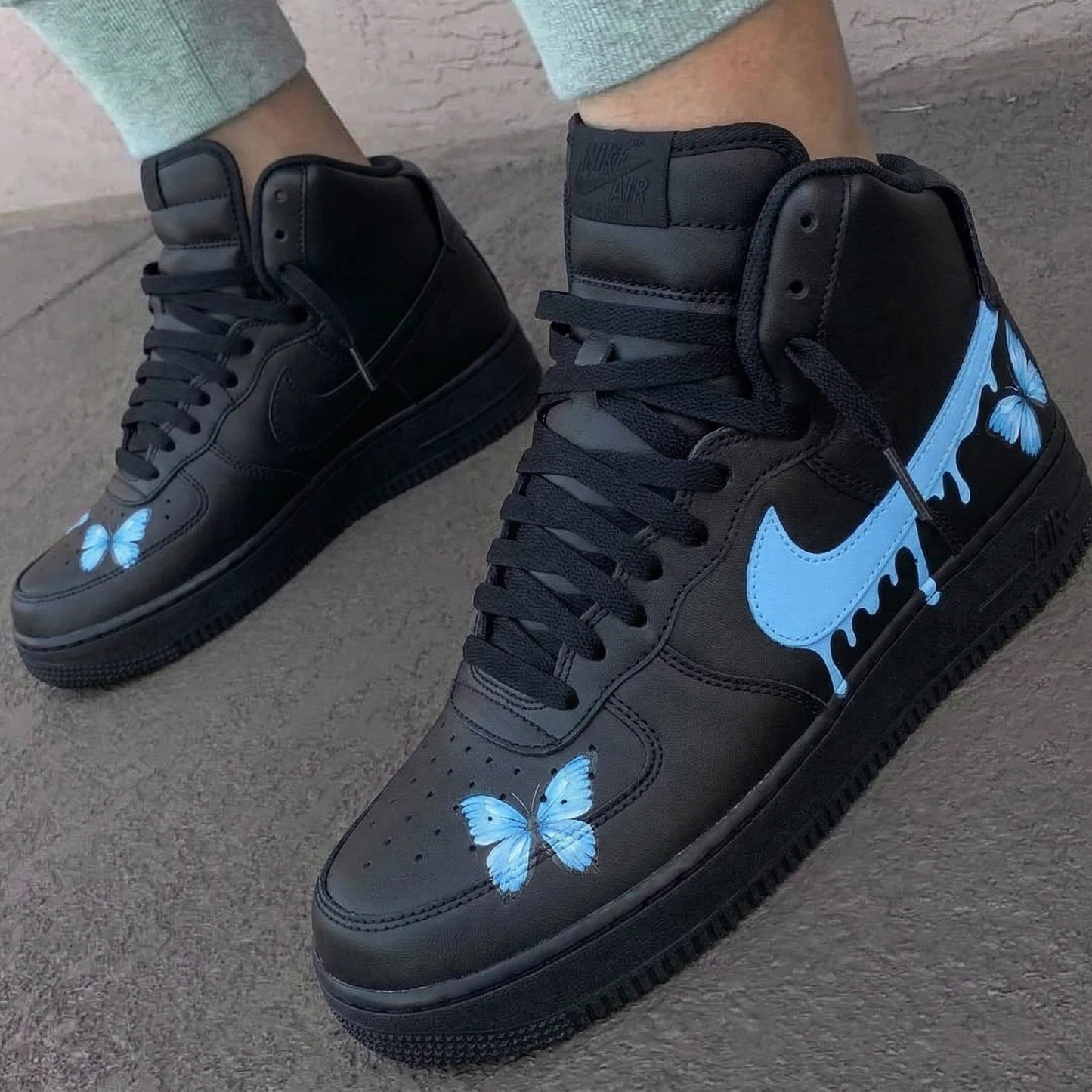 Black Baby Blue Butterflies Drip Custom AF 1s Shoes