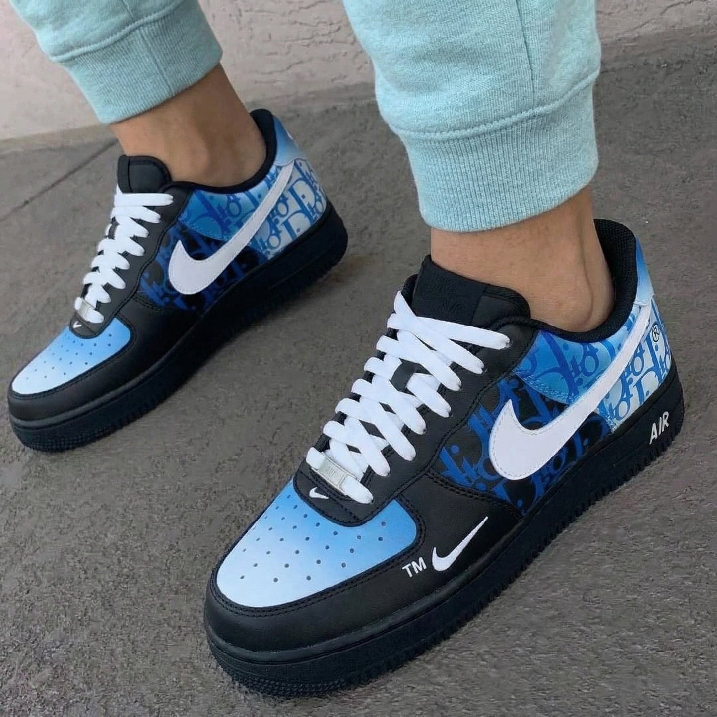 Black Baby Blue Monogram Custom AF 1s Shoes