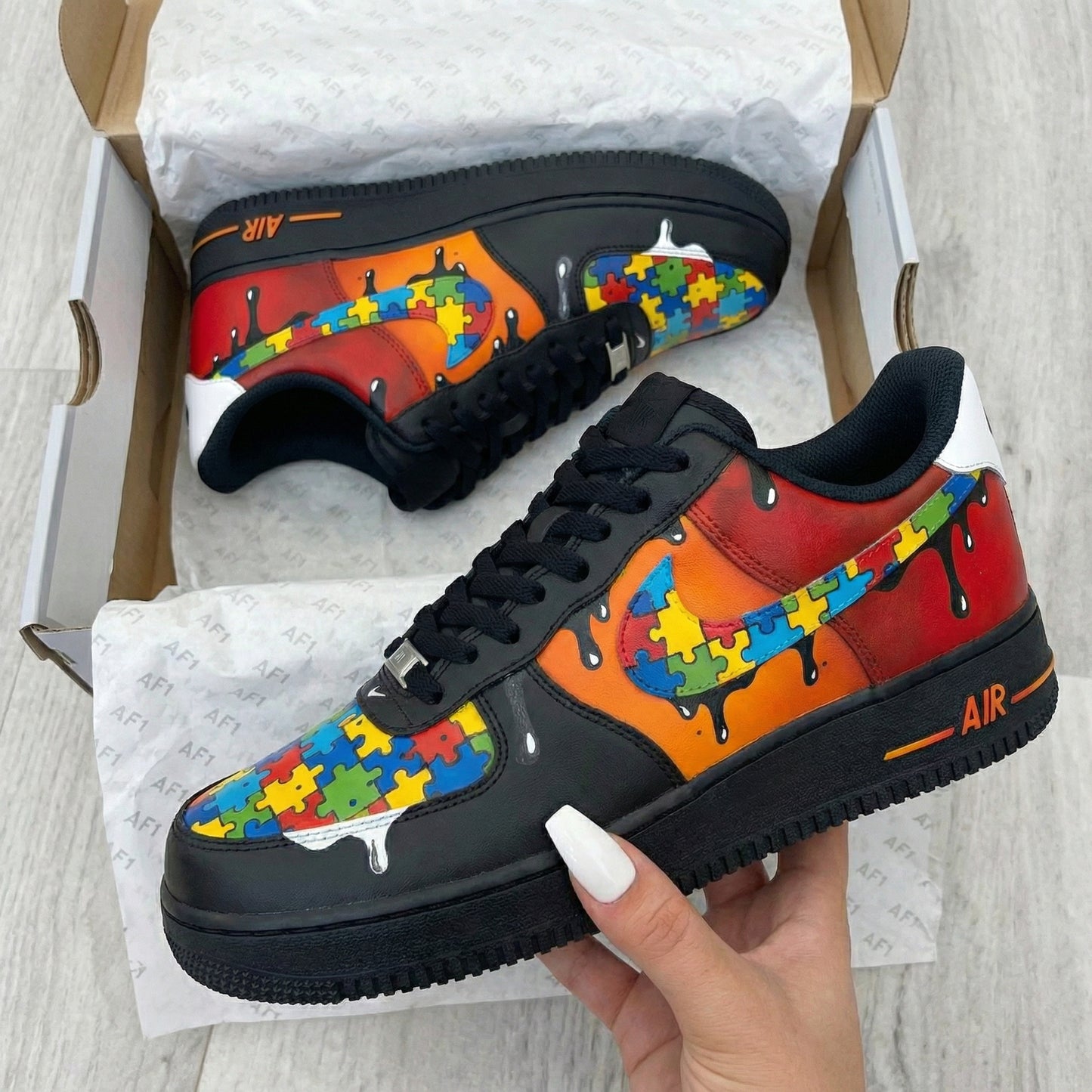 Black Orange Red Puzzle Custom AF 1s Shoes
