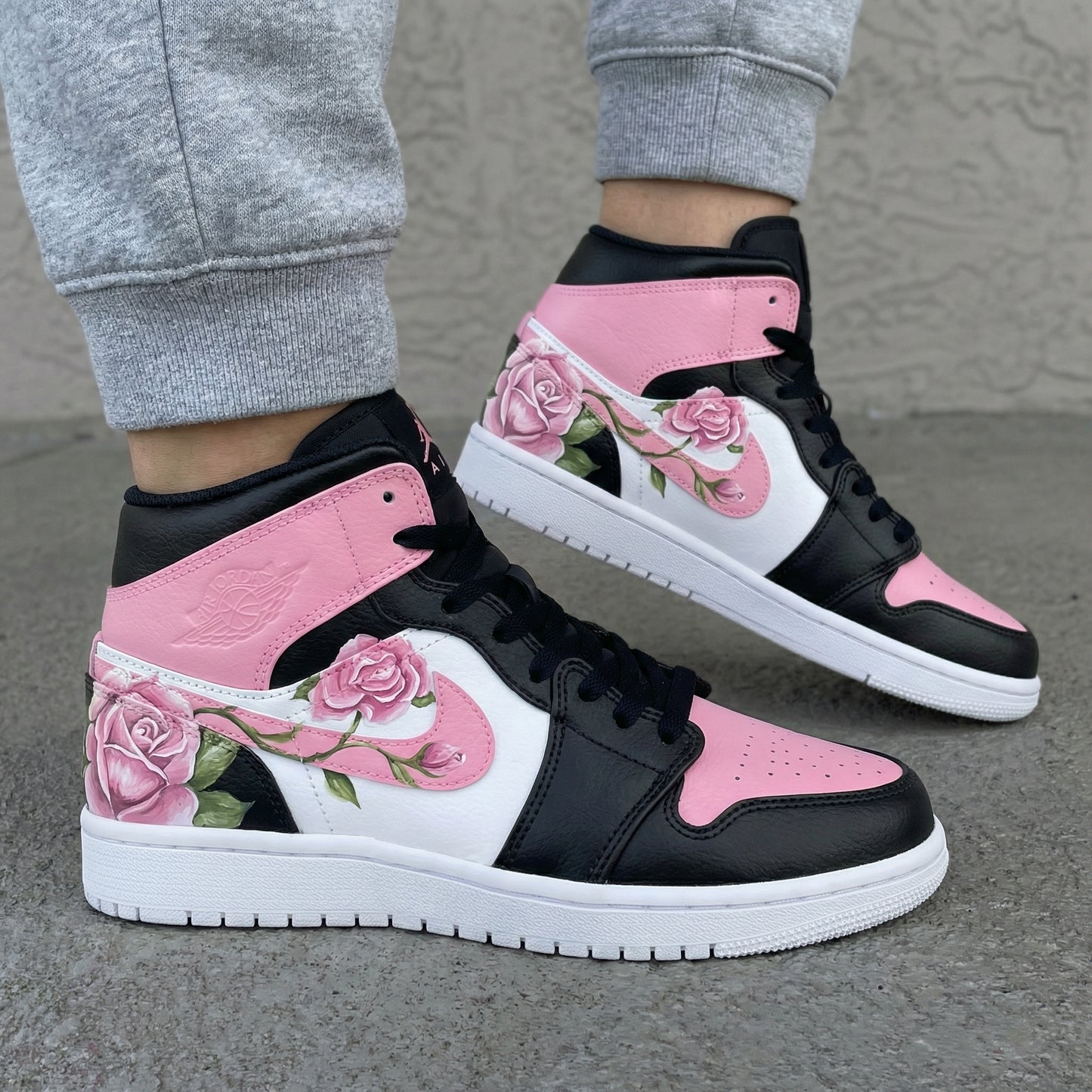 Black White Baby Pink Rose Custom AJ 1s Shoes