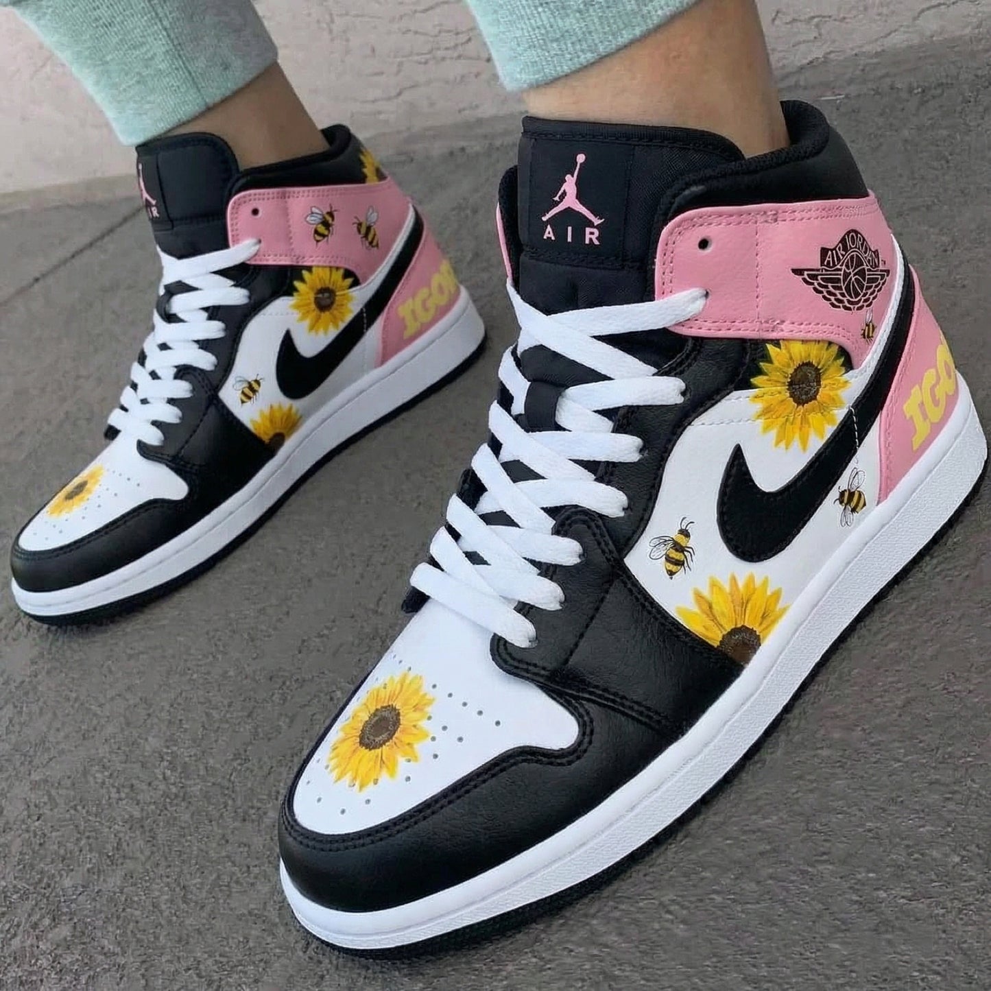 Black White Baby Pink Sunflower Bee Custom AJ 1s Shoes