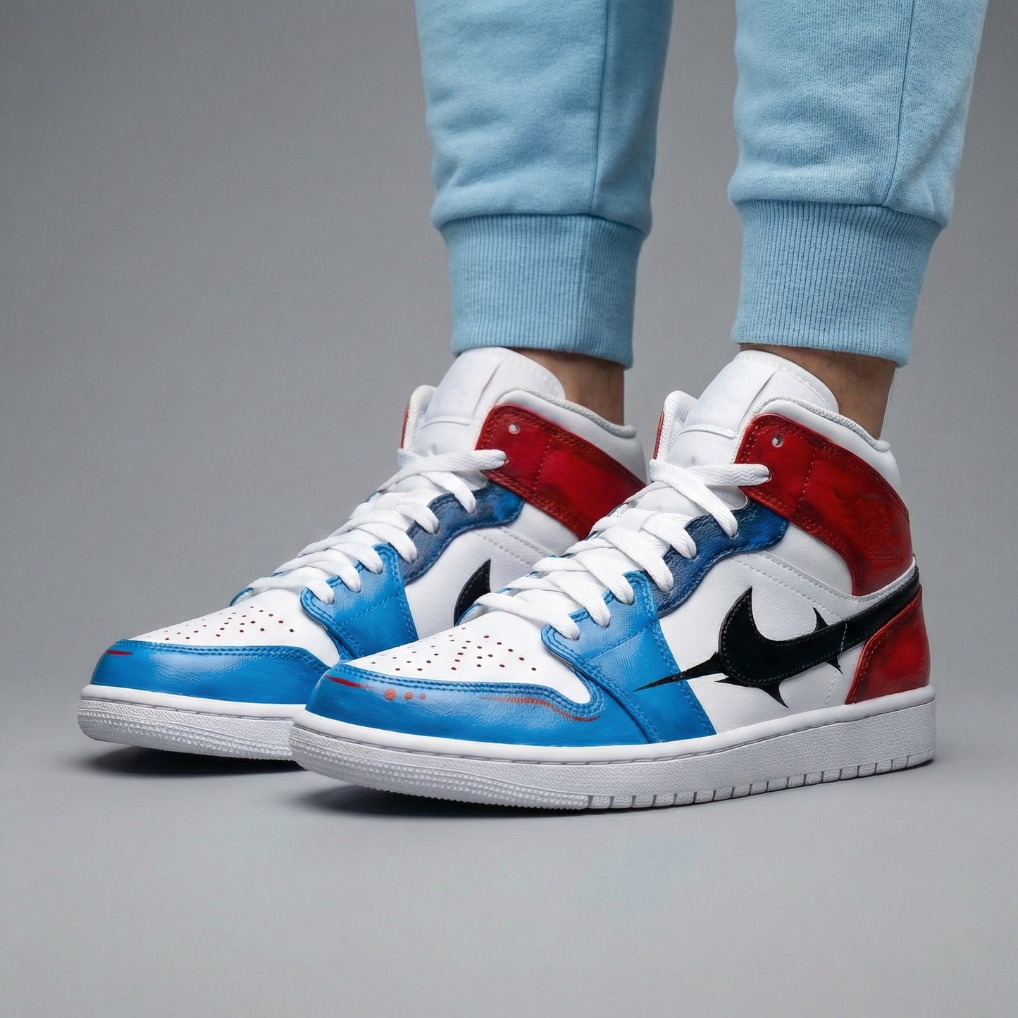 Blue Red Black Thorn Swoosh Custom AJ 1s Shoes