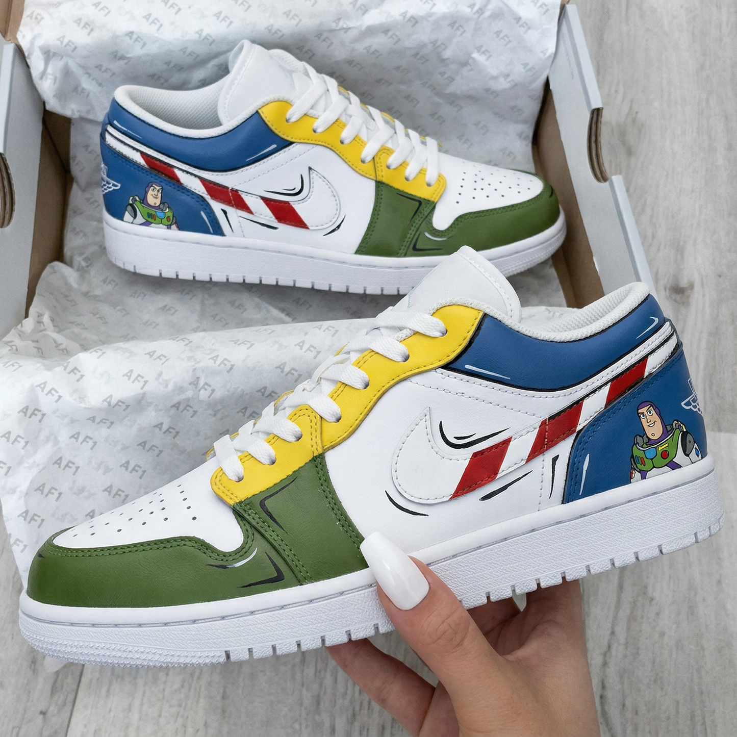 Blue Yellow Green Buzz Lightyear Pattern Custom AJ 1s Shoes