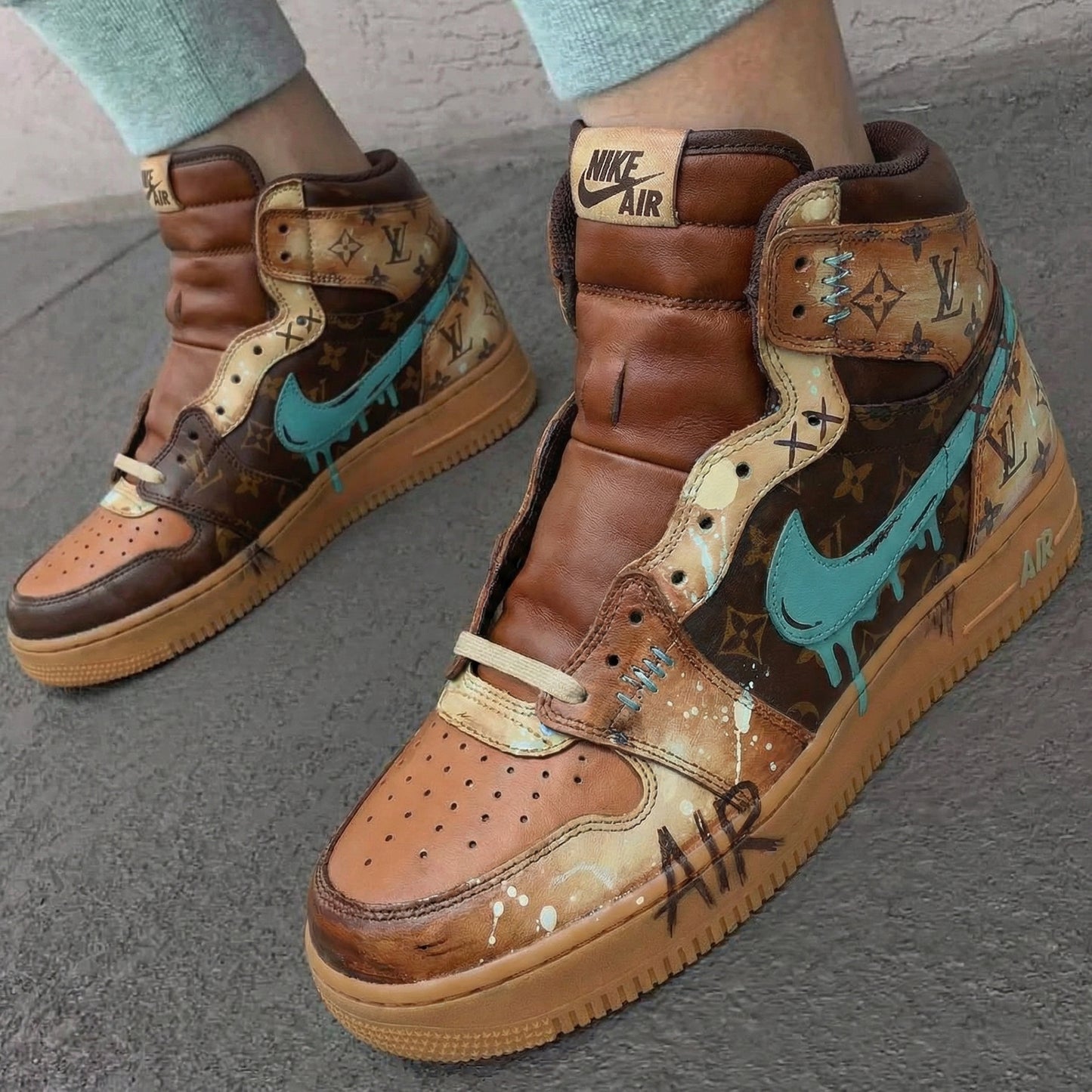 Brown Teal LV Pattern Custom AF 1s Shoes