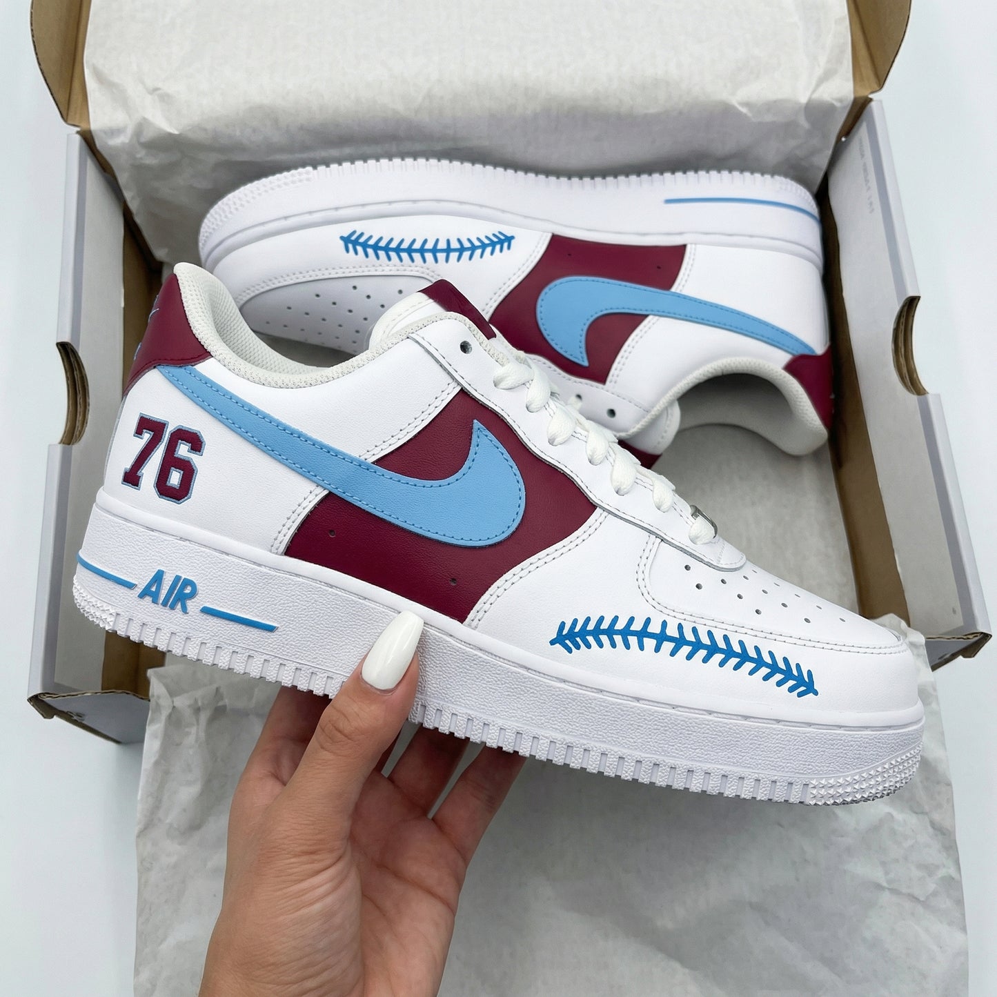 Burgundy Baby Blue 76 Baseball Stitch Custom AF 1s Shoes