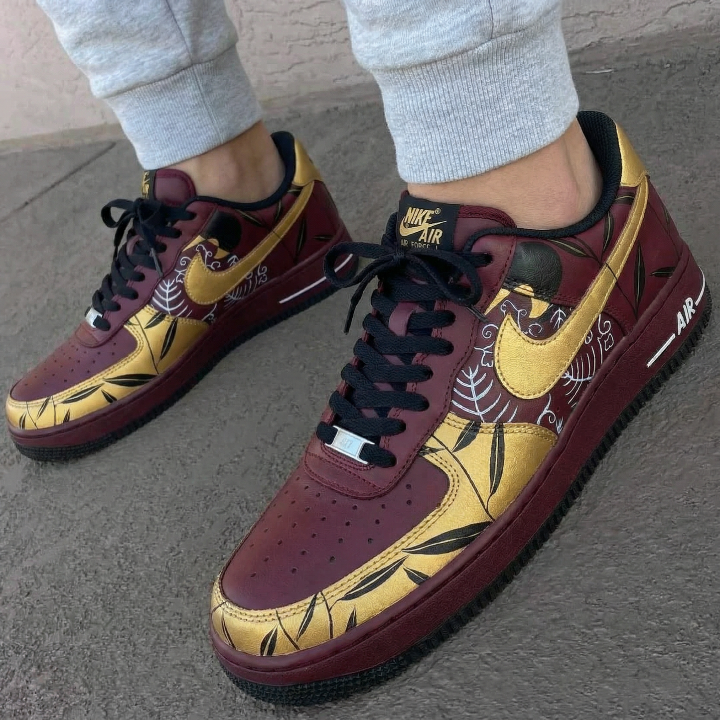 Burgundy Gold Leaf Pattern Custom AF 1s Shoes